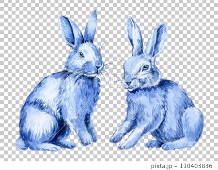 Easter bunny, vintage style watercolor drawing, blue hare Easter bunny, vintage style watercolor drawing, blue hare 110403836