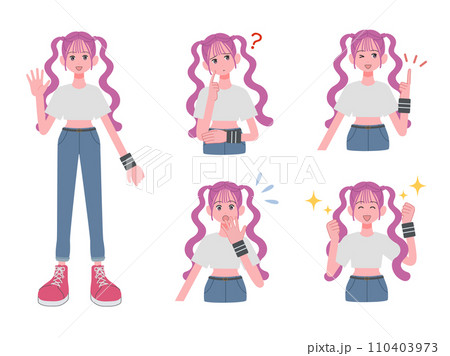 カジュアルな服装の女の子の表情セット 110403973