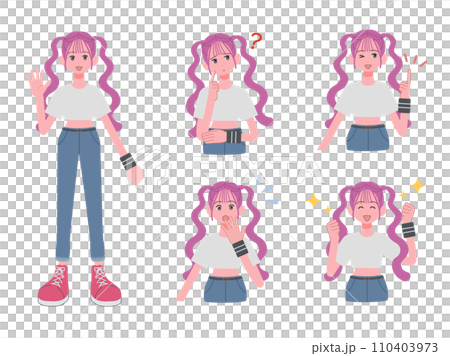 カジュアルな服装の女の子の表情セット 110403973