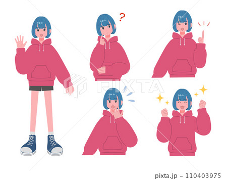 カジュアルな服装の女の子の表情セット カジュアルな服装の女の子の表情セット 110403975