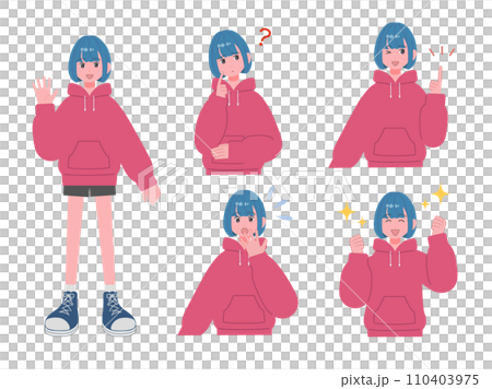 カジュアルな服装の女の子の表情セット カジュアルな服装の女の子の表情セット 110403975