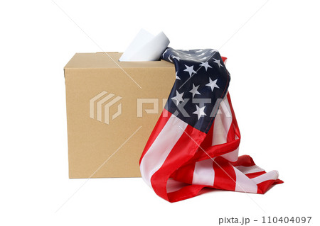 PNG, Box with voting paper and american flag, isolated on white background 110404097