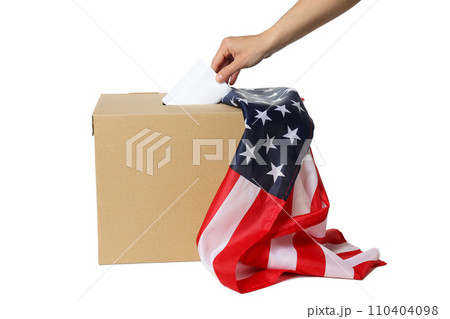 PNG, Box, voting paper in hand and american flag, isolated on white background PNG, Box, voting paper in hand and american flag, isolated on white background 110404098