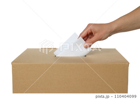 PNG, Box with voting paper and hand, isolated on white background, close up 110404099