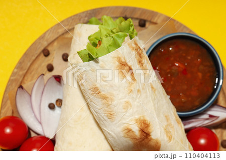 Tasty fast or homemade food concept - delicious shawarma 110404113