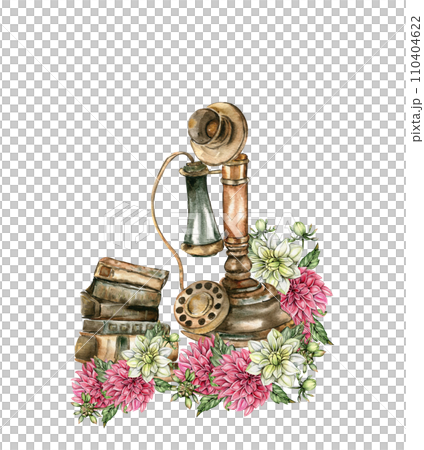 Watercolor rusty old elements and dahlia composition. Hand drawn illustration or a summer garden. Design for baby shower party, birthday, cake, holiday celebration design, greetings card,invitation. 110404622