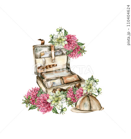 Watercolor rusty old elements and dahlia composition. Hand drawn illustration or a summer garden. Design for baby shower party, birthday, cake, holiday celebration design, greetings card,invitation. 110404624