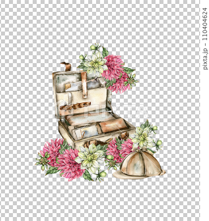 Watercolor rusty old elements and dahlia composition. Hand drawn illustration or a summer garden. Design for baby shower party, birthday, cake, holiday celebration design, greetings card,invitation. 110404624