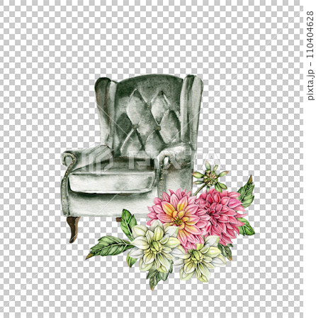 Watercolor rusty old elements and dahlia composition. Hand drawn illustration or a summer garden. Design for baby shower party, birthday, cake, holiday celebration design, greetings card,invitation. 110404628