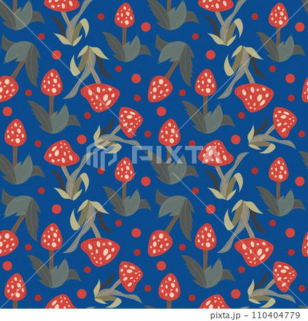 Seamless pattern design fly agaric red with cute mushroom. Flat illustraion. Childish print for wrapping paper, party invitation and dark blue background. 110404779