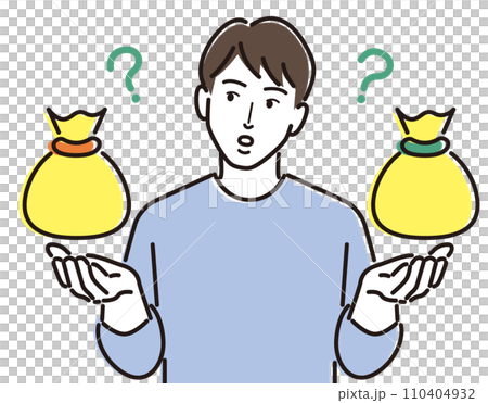 お金の袋を浮かべ考える男性 110404932