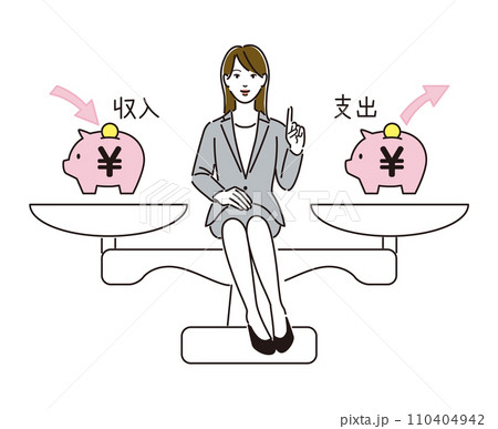 収支バランスについて説明する女性 収支バランスについて説明する女性 110404942