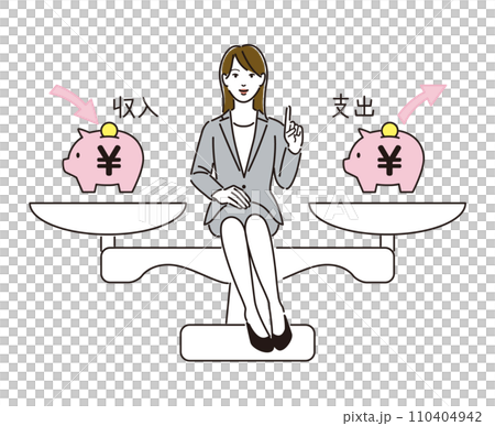 収支バランスについて説明する女性 収支バランスについて説明する女性 110404942