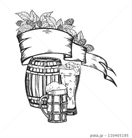 Hand drawn vector composition with wooden barrel, beer, beer glasses, old banner ribbon and branches of hop plant, black and white illustration of beer theme, inked illustration for beer festival 110405195