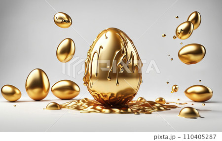 3D golden melting Easter eggs flying in the air. Creative picture for Easter celebration 3D golden melting Easter eggs flying in the air. Creative picture for Easter celebration 110405287