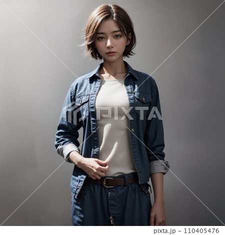 デニムシャツを着た女性モデル(AI画像) デニムシャツを着た女性モデル(AI画像) 110405476