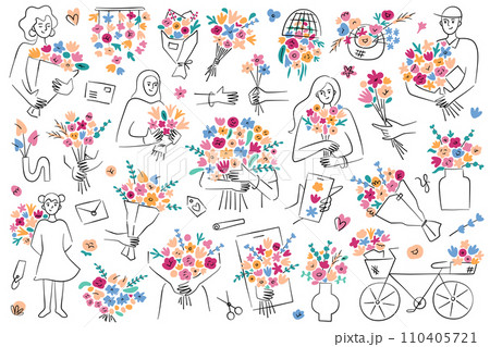 Flowers compositions hand drawn collection, bouquets doodle icons, happy women with Valentines gifts, flower delivery vector illustrations, romantic set for greeting cards, Mothers Day 110405721