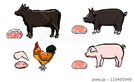 牛、豚、鳥のイラストセット　食肉用家畜と精肉のイラスト 110405949
