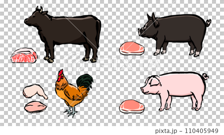 牛、豚、鳥のイラストセット　食肉用家畜と精肉のイラスト 110405949