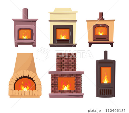 Cartoon Color Different Iron Wood Burning Stove Set Concept Flat Design Style. Vector illustration of Fireplaces Stoves 110406185