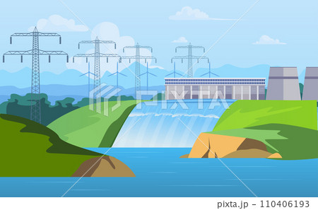Cartoon Color Hydropower Station Generator Landscape Scene Renewable Energy Concept Flat Design Style. Vector illustration of Hydroelectric Generation Cartoon Color Hydropower Station Generator Landscape Scene Renewable Energy Concept Flat Design Style. Vector illustration of Hydroelectric Generation 110406193