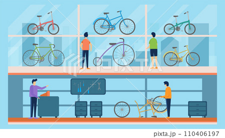 Cartoon Color Bicycle Bike Store with People Interior Inside Scene Concept Flat Design Style. Vector illustration 110406197