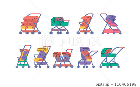 Cartoon Color Baby Strollers Prams Icons Set Concept Flat Design Style . Vector illustration of Kids Transport 110406198