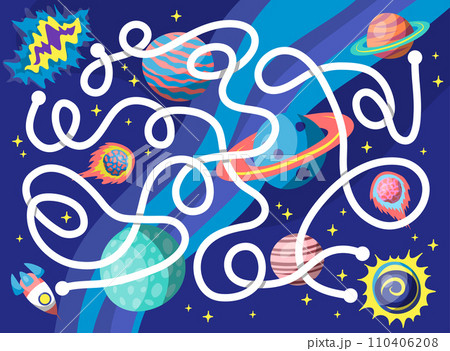 Cartoon Color Maze Game Kids Concept Flat Design Style. Vector illustration of Space Labyrinth with Planets and Rocket 110406208