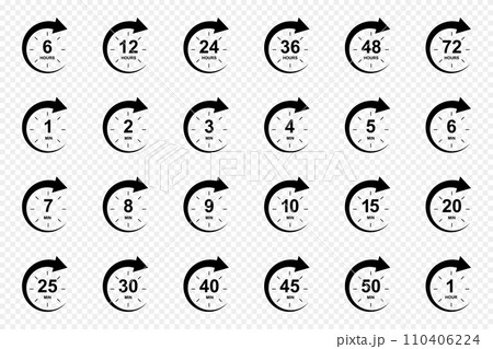 Hours and minutes icons with circle arrows. Set of customer service, discount, shipping delivery or special offer symbols. Stopwatch, countdown, sport or cooking timer signs Hours and minutes icons with circle arrows. Set of customer service, discount, shipping delivery or special offer symbols. Stopwatch, countdown, sport or cooking timer signs 110406224