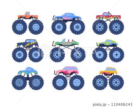 Cartoon Color Different Monster Truck Icon Set Concept Flat Design Style. Vector illustration of Heavy Cars with Large Tires Cartoon Color Different Monster Truck Icon Set Concept Flat Design Style. Vector illustration of Heavy Cars with Large Tires 110406243