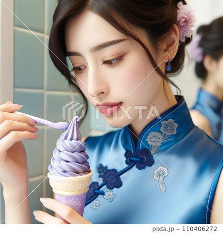 【AI美女】紅芋ソフトクリームを食べるチャイナドレス美人 110406272