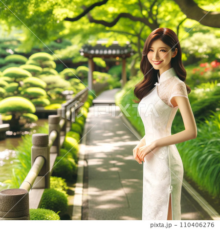 【AI美女】お寺デート中に彼氏のほうを振り返るチャイナドレス美人 110406276