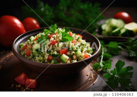 Traditional middle eastern dish tabbouleh vegetarian salad with parsley, cucumber, bulgur Traditional middle eastern dish tabbouleh vegetarian salad with parsley, cucumber, bulgur 110406363
