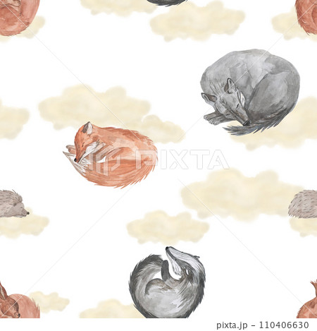 Children's watercolor seamless pattern with sleeping animals on the clouds: wolf, fox, hedgehog, squirrel, raccoon. pattern with stars, hand drawn 110406630