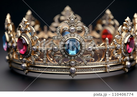 Golden crown with multi-colored gemstones 110406774