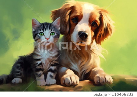 Cat and dog isolated on green background Cat and dog isolated on green background 110406832