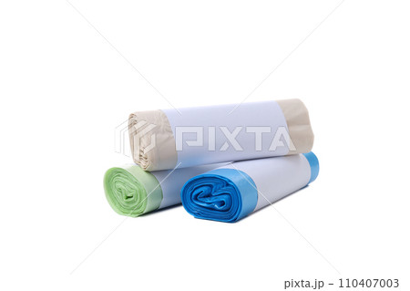 PNG, Three rolls of garbage bags of different colors, isolated on white background PNG, Three rolls of garbage bags of different colors, isolated on white background 110407003