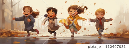 Happy joyful children running through puddles 110407021