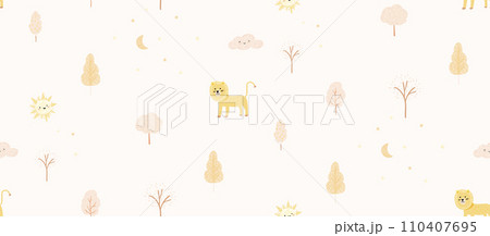 Cute boho kids pattern, seamless background with trees, hand drawn lion on light neutral background. Vector wallpaper design for nursery room Cute boho kids pattern, seamless background with trees, hand drawn lion on light neutral background. Vector wallpaper design for nursery room 110407695
