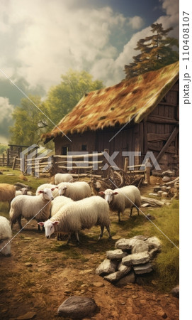 Sheep graze near the sheepfold 110408107