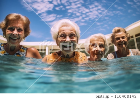 Active senior women swimming in the pool Active senior women swimming in the pool 110408145