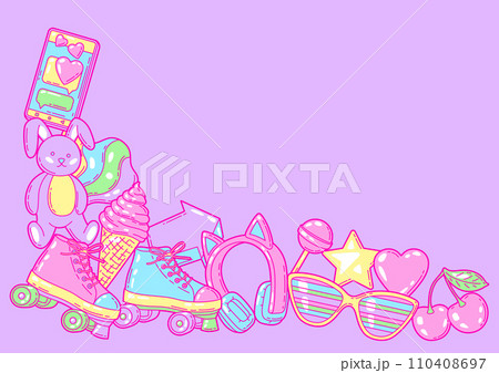 Background with fashion girlish items. Colorful cute teenage illustration. 110408697