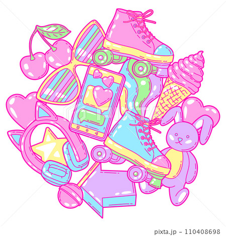 Background with fashion girlish items. Colorful cute teenage illustration. 110408698
