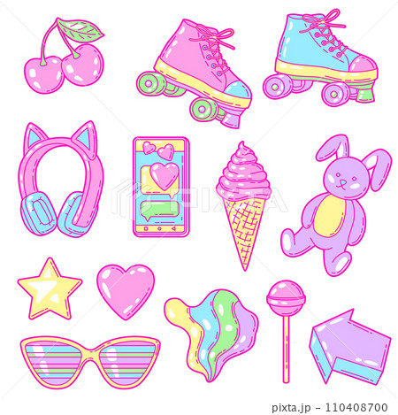 Set of fashion girlish items. Colorful cute teenage illustration. 110408700
