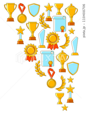 Awards and trophy background. Reward items for sports or corporate competitions. Awards and trophy background. Reward items for sports or corporate competitions. 110408706