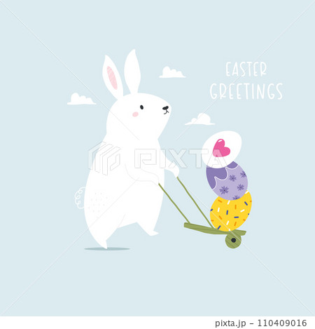 Easter greeting card with a bunny, rabbit walking with cart full of holiday eggs 110409016