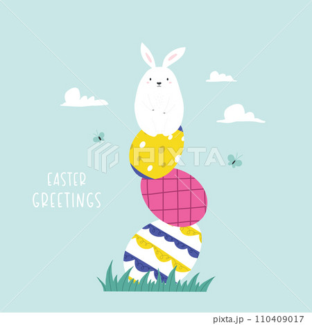 Easter greeting card with funny rabbit, bunny sitting on a pile of eggs 110409017