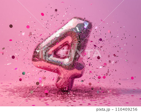 AI-generated content. Number 4 on pink background with sequins and confetti. Ai generation. 110409256