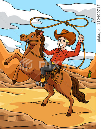 Cowboy Throwing a Lasso on a Horse Colored Cartoon 110409717