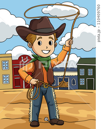 Cowboy with Rope Colored Cartoon Illustration Cowboy with Rope Colored Cartoon Illustration 110409760
